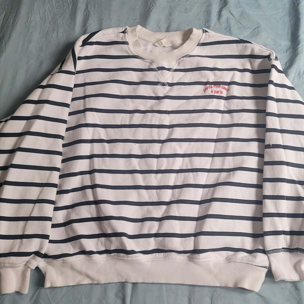 H&M Striped Crewneck Sweatshirt with Perdu Mon Coeur à Paris Embroidery